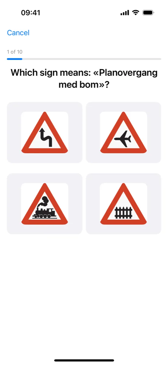SignMaster on iPhone – a Which sign means question with four signs to choose from