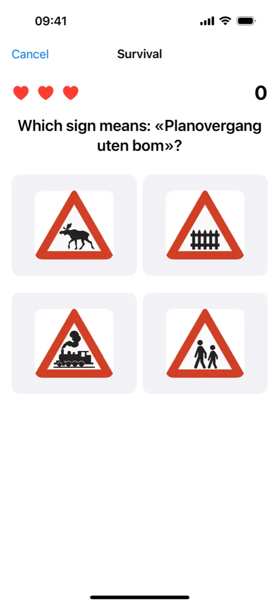 SignMaster on iPhone – survival mode with three lives and four answers to choose from