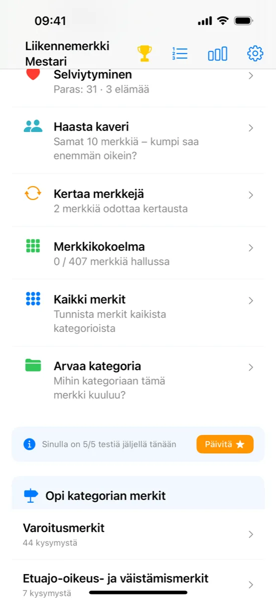 Liikennemerkki Mestari iPhonessa – tietovisavalikko, jossa ovat Haasta kaveri, Kertaa merkkejä, Merkkikokoelma, Kaikki merkit ja Arvaa kategoria sekä merkkikategoriat
