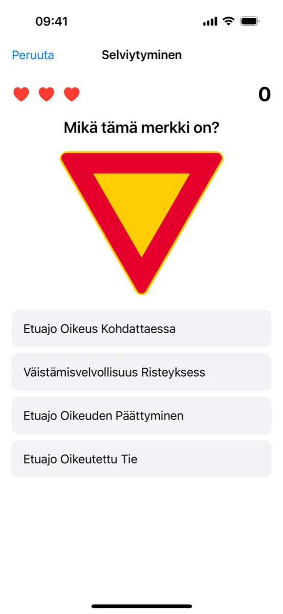 Liikennemerkki Mestari iPhonessa – selviytymistila, jossa on kolme elämää ja neljä vastausvaihtoehtoa