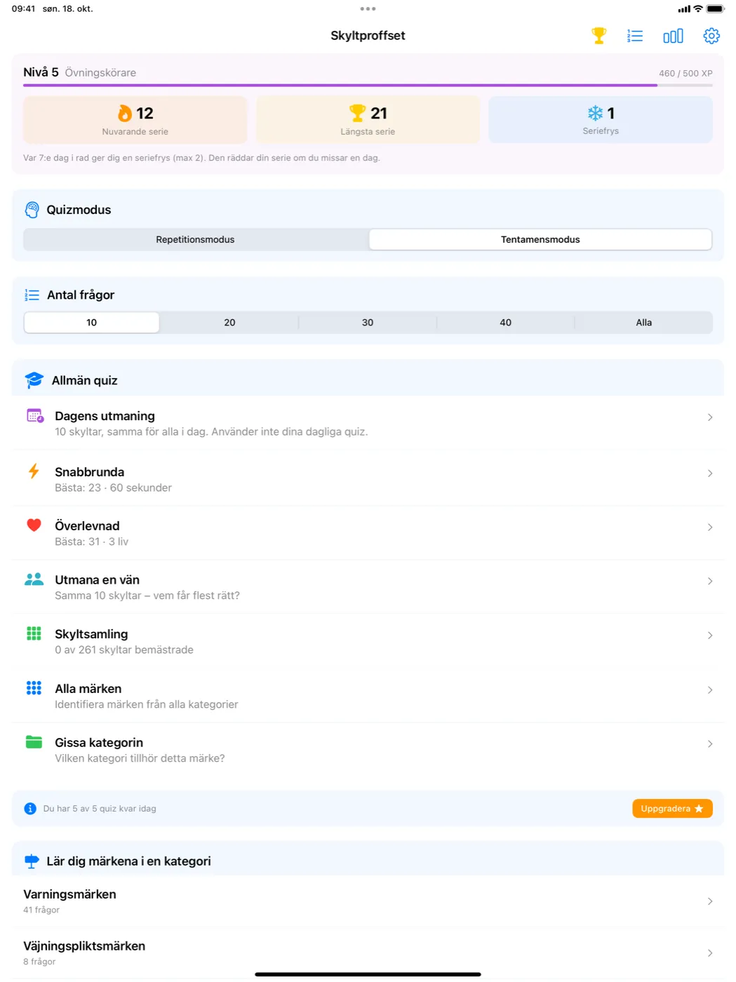Skyltproffset på iPad – startsidan med nivå, serier, quizläge, antal frågor och alla spellägen