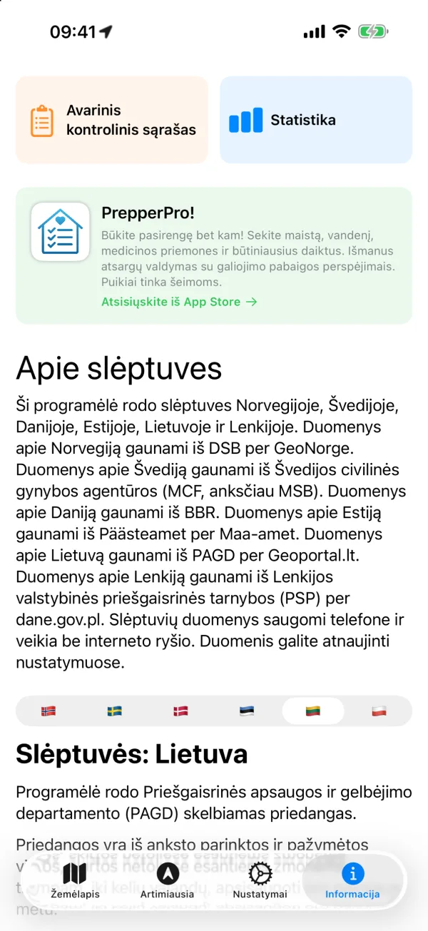 Skirtukas „Informacija“ su avariniu kontroliniu sąrašu, statistika, informacija apie slėptuves, kiekvienos šalies duomenų šaltiniais ir Lietuvos priedangomis