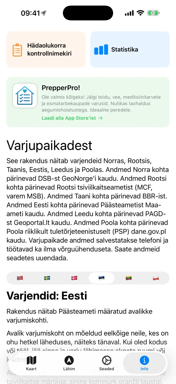 Vahekaart Info hädaolukorra kontrollnimekirja, statistika, varjendite selgituse, iga riigi andmeallikate ja Eesti varjumiskohtade teabega