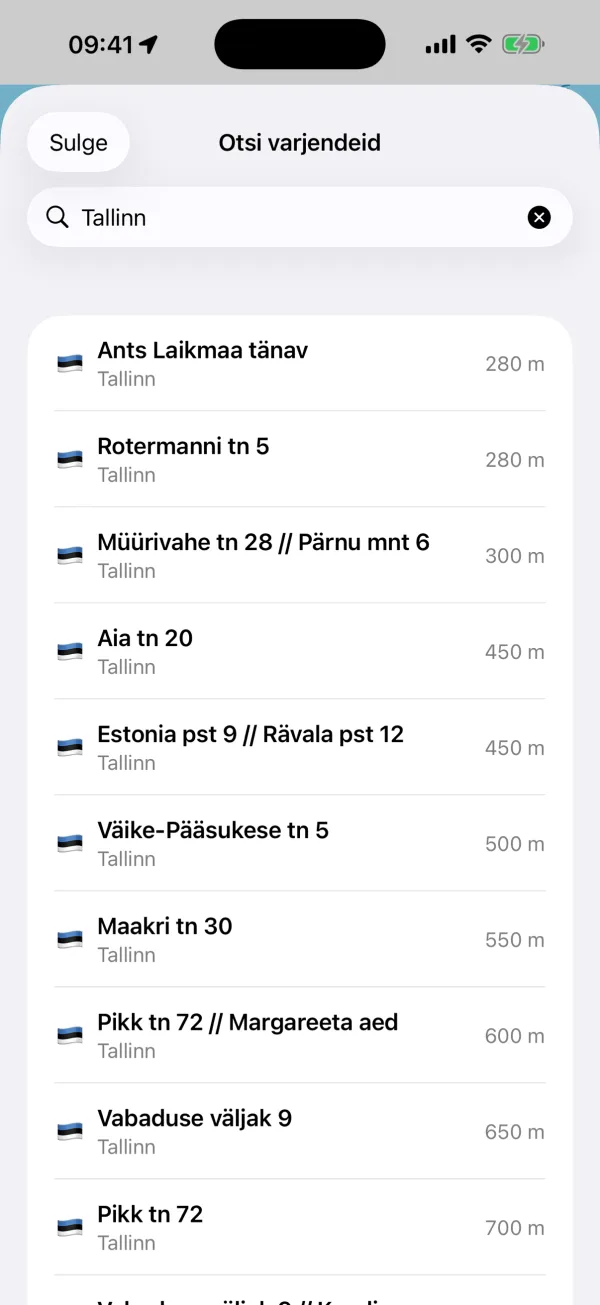 Varjendite otsing: otsing „Tallinn“ annab kauguse järgi järjestatud varjendite nimekirja